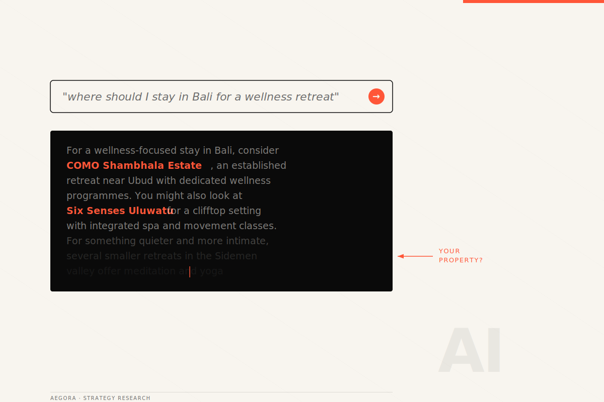 Typographic illustration: a search bar dissolving into a paragraph of text, representing the shift from ranked results to generated answers