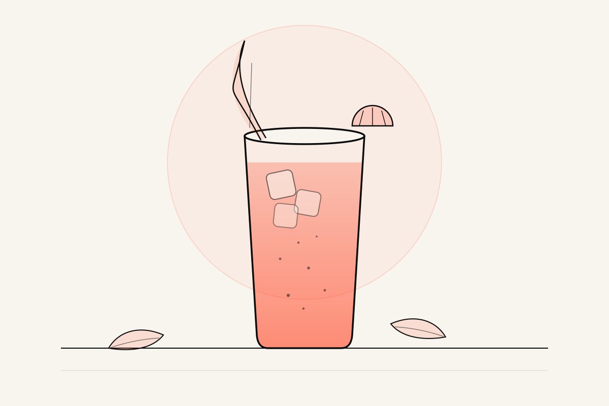 A tall glass of a sparkling botanical drink with ice, a citrus wheel garnish, and a lemongrass stem, against a warm paper background